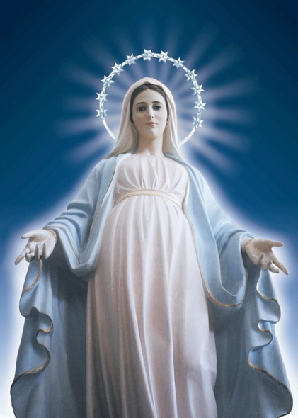 Image of the Virgin Mary dressed in blue and white with a halo of glory around her third eye